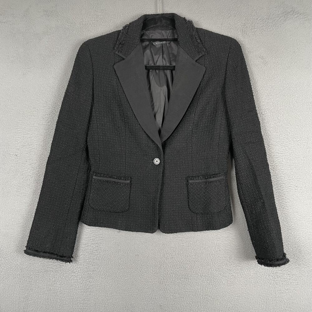 Elie Tahari Blazer Jacket Womens 6 Black Virgin Wool Tweed Fringe Trim